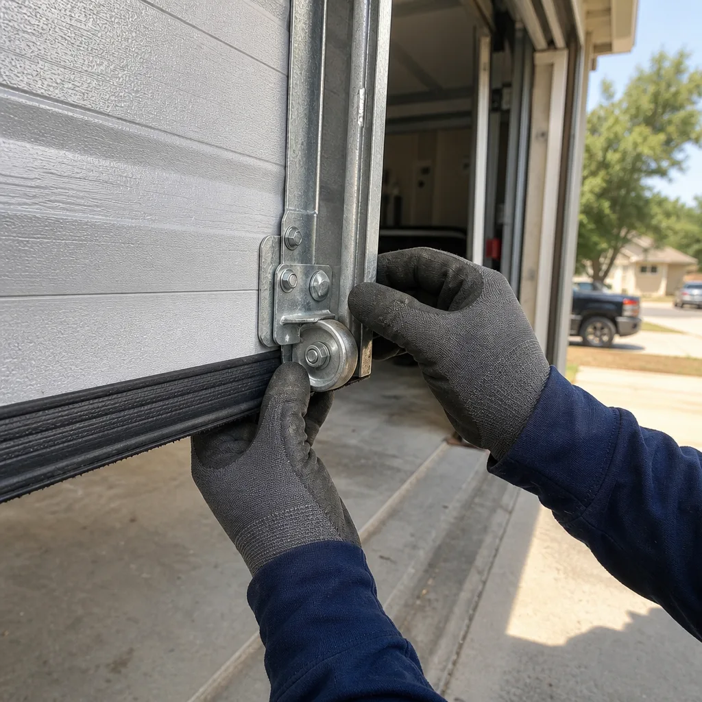 Technician performing professional garage door roller maintenance and repair