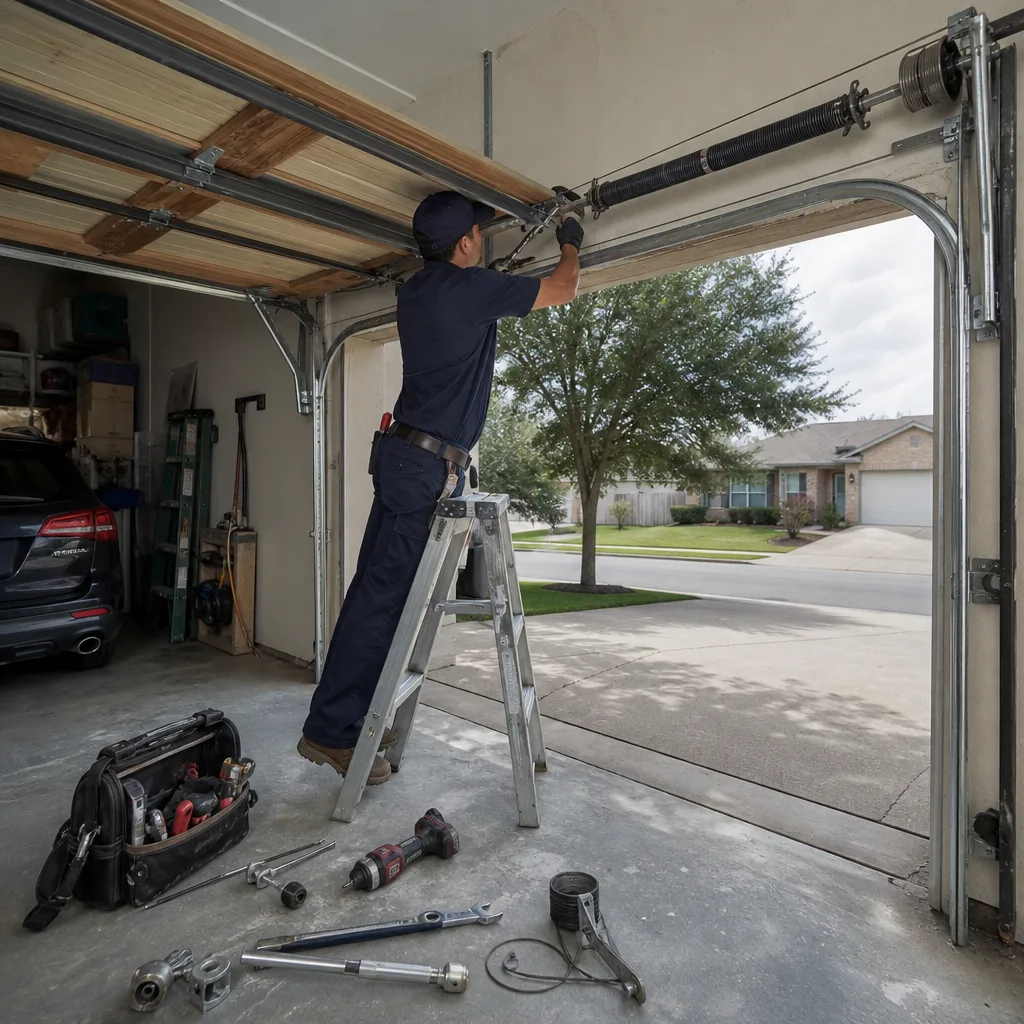 Technician performing emergency garage door repair services in Schertz, TX