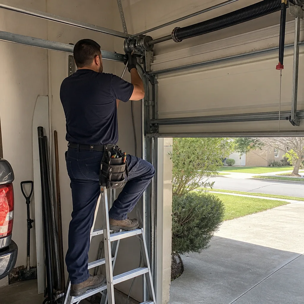 Technician performing professional garage door parts maintenance and repair in Schertz, TX